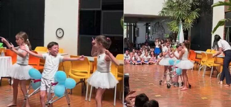 Sorriso de garoto com deficiência dançando com meninas na escola diz tudo