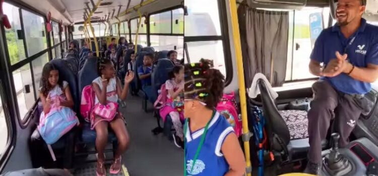 Motorista de ônibus escolar dá presentes e canta parabéns para crianças