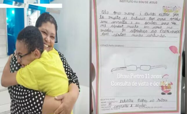 Ótica faz surpresa a menino que pediu óculos em cartinha ao Papai Noel