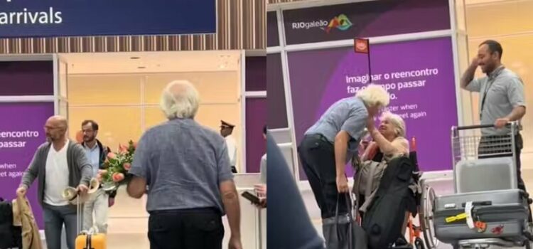 Vovô espera vovó com buquê de flores no aeroporto e cena emociona