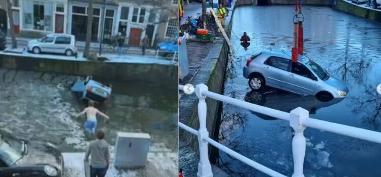 Estudante de 23 pula em canal congelado e salva mulher que caiu com carro