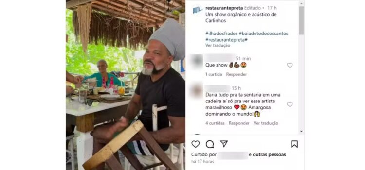 Carlinhos Brown improvisa instrumento com banco e canta em restaurante na Bahia; veja vídeo