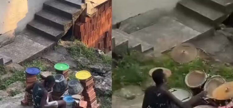 Garoto que tocava com baldes e tijolos ganha bateria de verdade, graças a policial