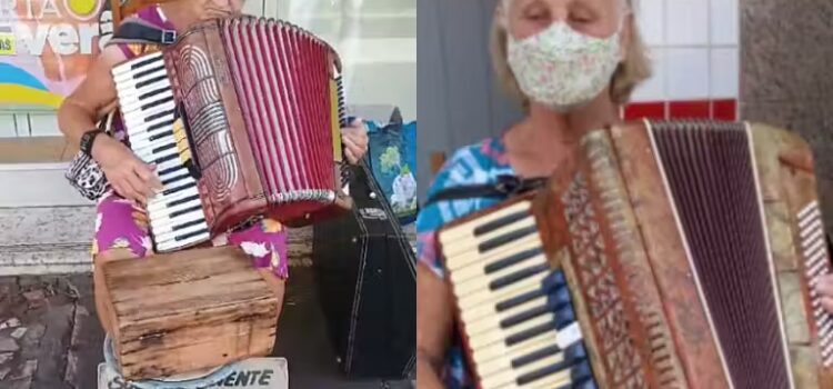 Idosa cega que toca sanfona na rua para se sustentar precisa de uma nova para trabalhar e pagar contas atrasadas; ajuda urgente