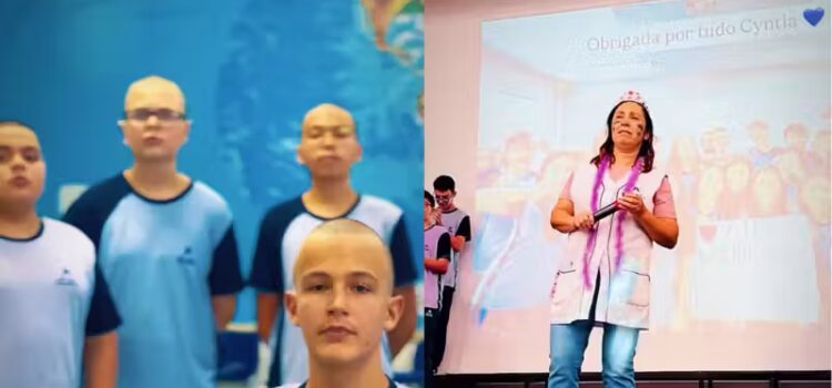 Alunos raspam a cabeça em solidariedade à professora diagnosticada com câncer; vídeo