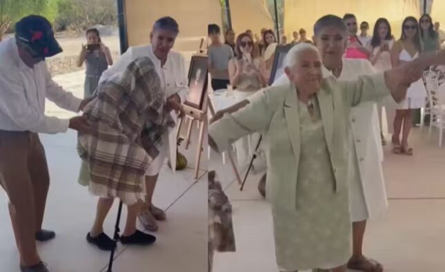Ao festejar seus 96 anos, essa idosa do México, engana convidados e faz uma surpresa. Depois de entrar mancando, ela joga a muleta e começa a dançar. - Foto: @carolinagutierrez9724/TikTok