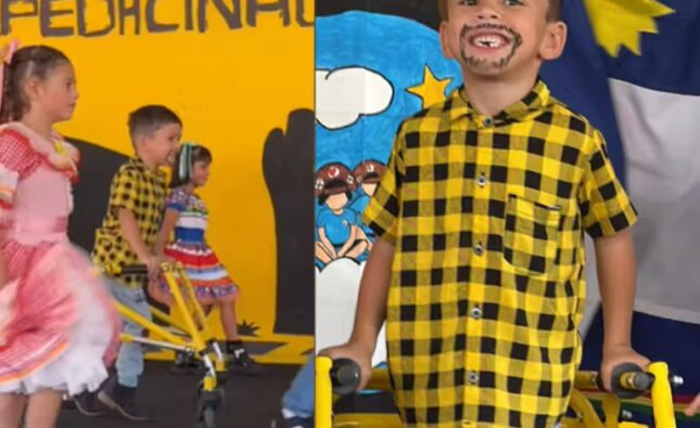 Inclusão: menino com paralisia cerebral brilha na festa junina da escola ao lado coleguinhas