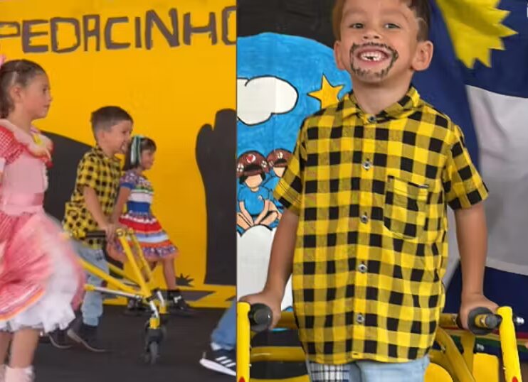Inclusão: menino com paralisia cerebral brilha na festa junina da escola ao lado coleguinhas