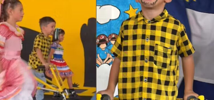 Inclusão: menino com paralisia cerebral brilha na festa junina da escola ao lado coleguinhas
