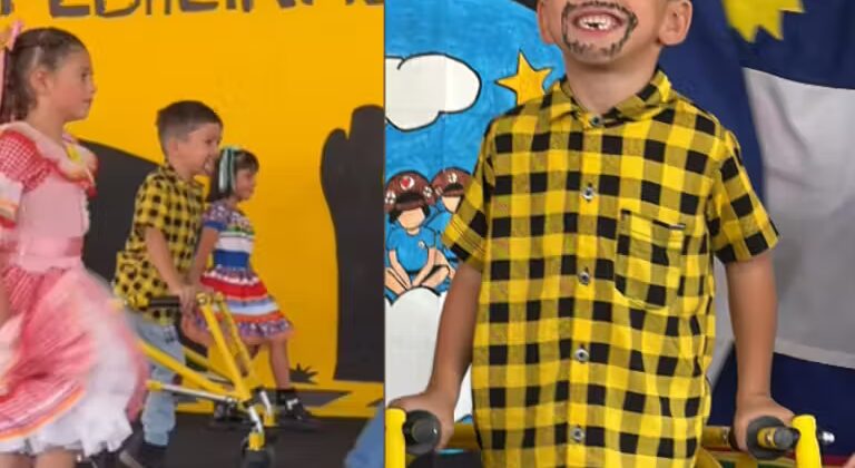 Inclusão: menino com paralisia cerebral brilha na festa junina da escola ao lado coleguinhas