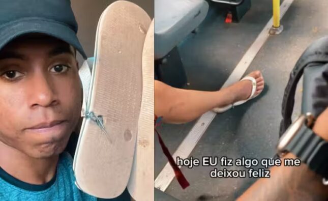 Jovem humilde tira chinelos do pé e dá a rapaz com havaiana quebrada; internautas ajudam